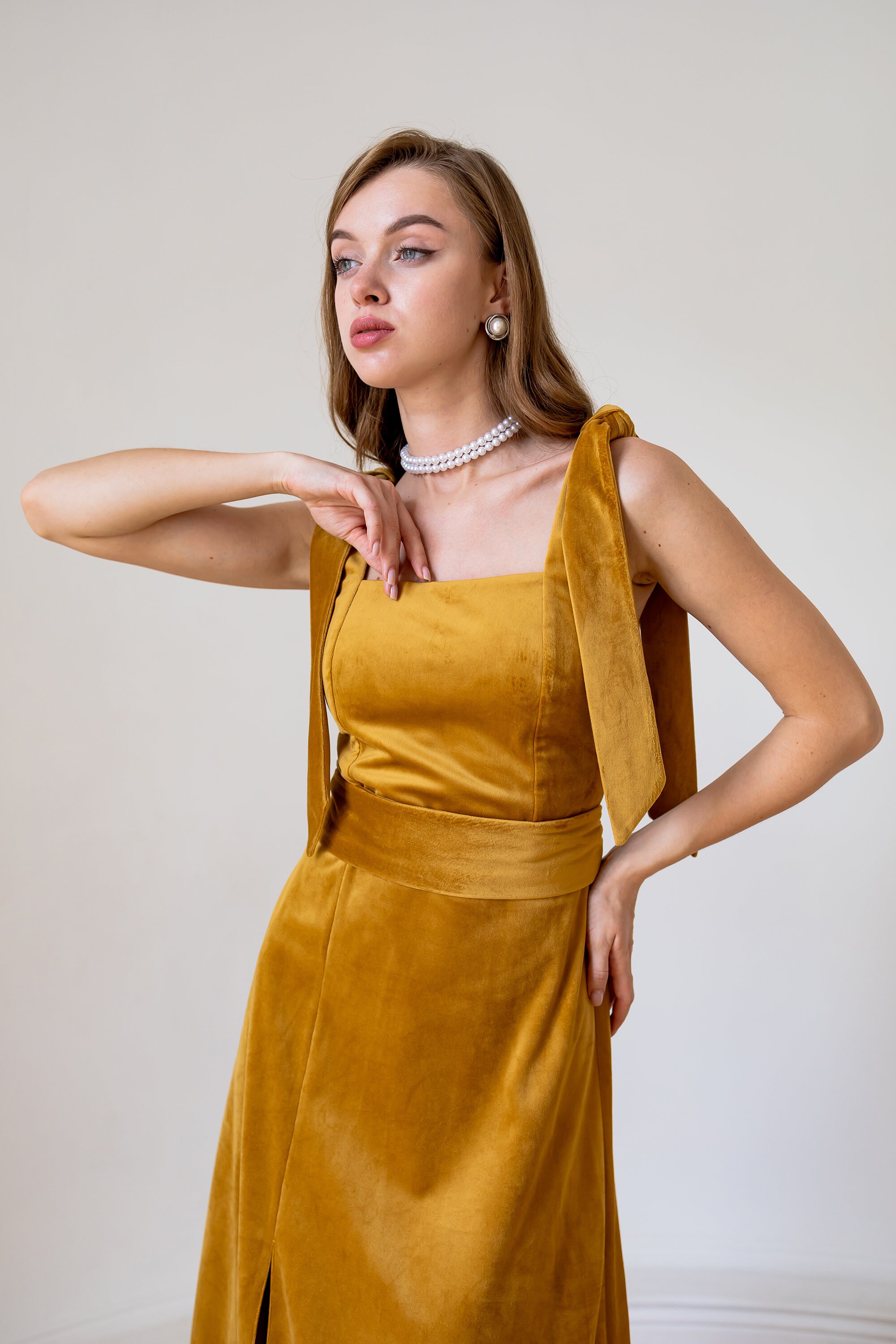 mustard velvet bridesmaid dress Velvet Mermaid Bridesmaid Dresses Leg Slit Lisposa