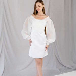 Bridal dress topper Dress overlay Classic Organza Sheer Jacket Wrap organza blazer bishop sleeve Sheer white blouse Bride cover up image 4