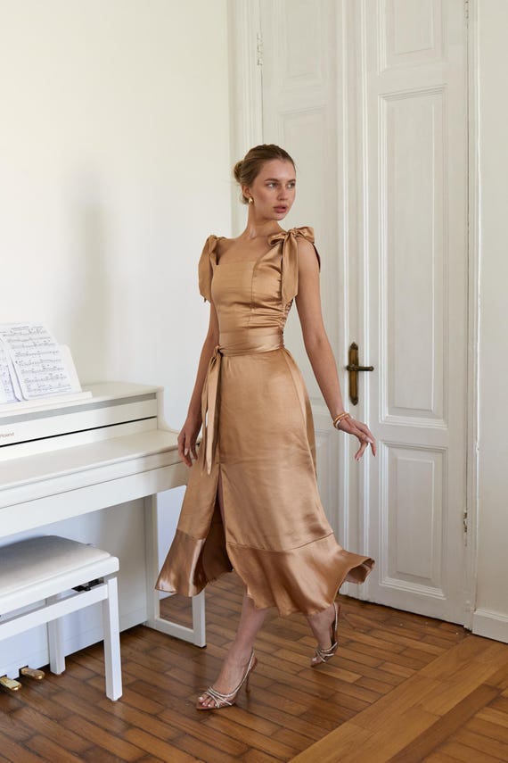 gold prom dress simple Ladivine CD736 Elegant Fitted Formal Embellished Satin Gown Rose Gold / 0 main image 1