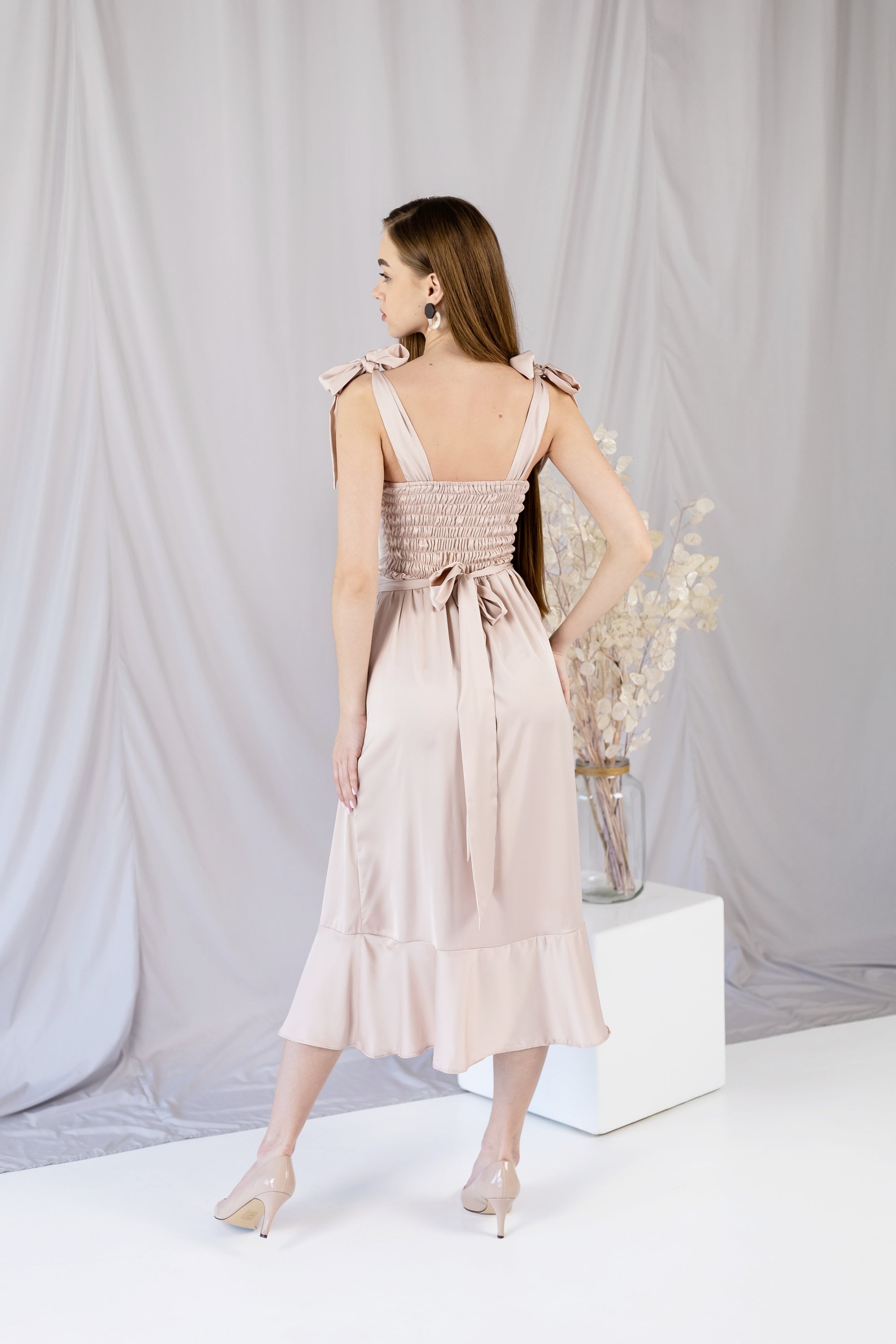 Champagne Satin Dress Satin Bridesmaid's Dress Midi Bridesmaid Satin Dress  With Bow Straps Satin Bridesmaid Dress Pastel Dress Alexa Dress - Etsy