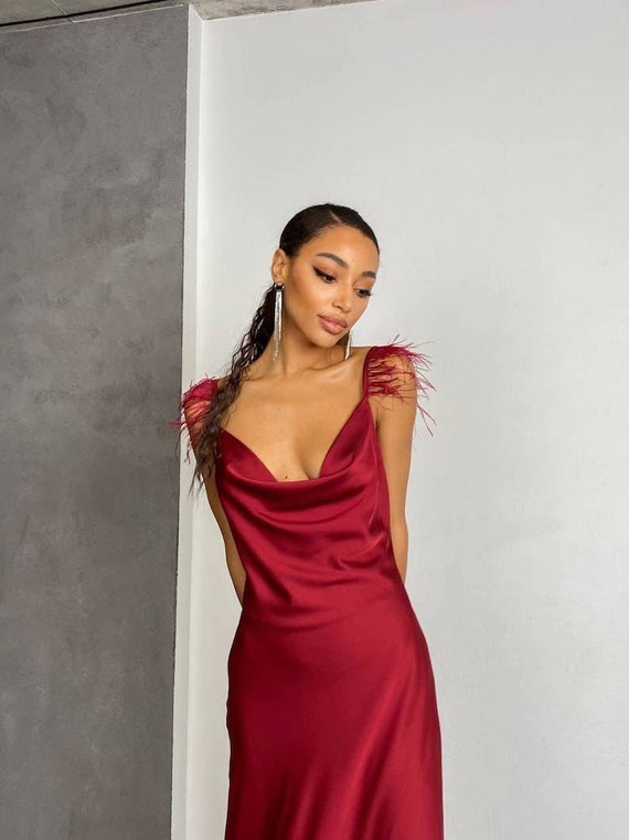 Burgundy Silk Slip Dress With Feathers Satin Sexy Dress With Ostrich  Feathers Dark Red Special Occasions Midi Dress Kelly Feathers Dress - Etsy