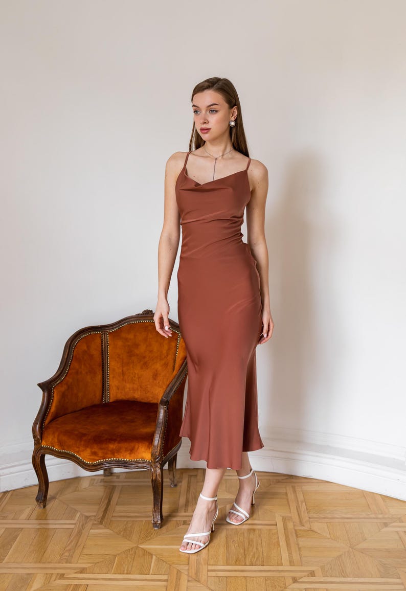 Powder satin slip dress Cowl neck gown Rose pink midi dress open back Bridesmaid slip dress Satin dresses Party wear Silky dress Chloe dress Terra cotta