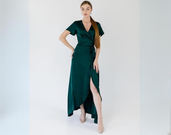 Emerald Silk Dress With Short Sleeve Bridesmaid Wrap Dress Dark Emerald  Dress Green Silk Dress Green Bridesmaid Dress Miranda Dress - Etsy Norway