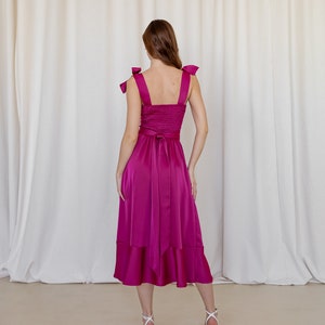 Magenta dress Fuchsia satin dress Hot pink bridesmaid's midi dress ties Midi bright pink dress Wedding guest dress Alexa dress image 3