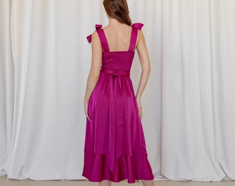 Magenta dress Fuchsia satin dress Hot pink bridesmaid's Midi dress ties Midi bright pink dress Wedding guest dress Alexa dress Magenta dress Fuchsia satin dress Hot pink bridesmaid's Midi dress ties Midi bright pink dress Wedding guest dress Alexa dress