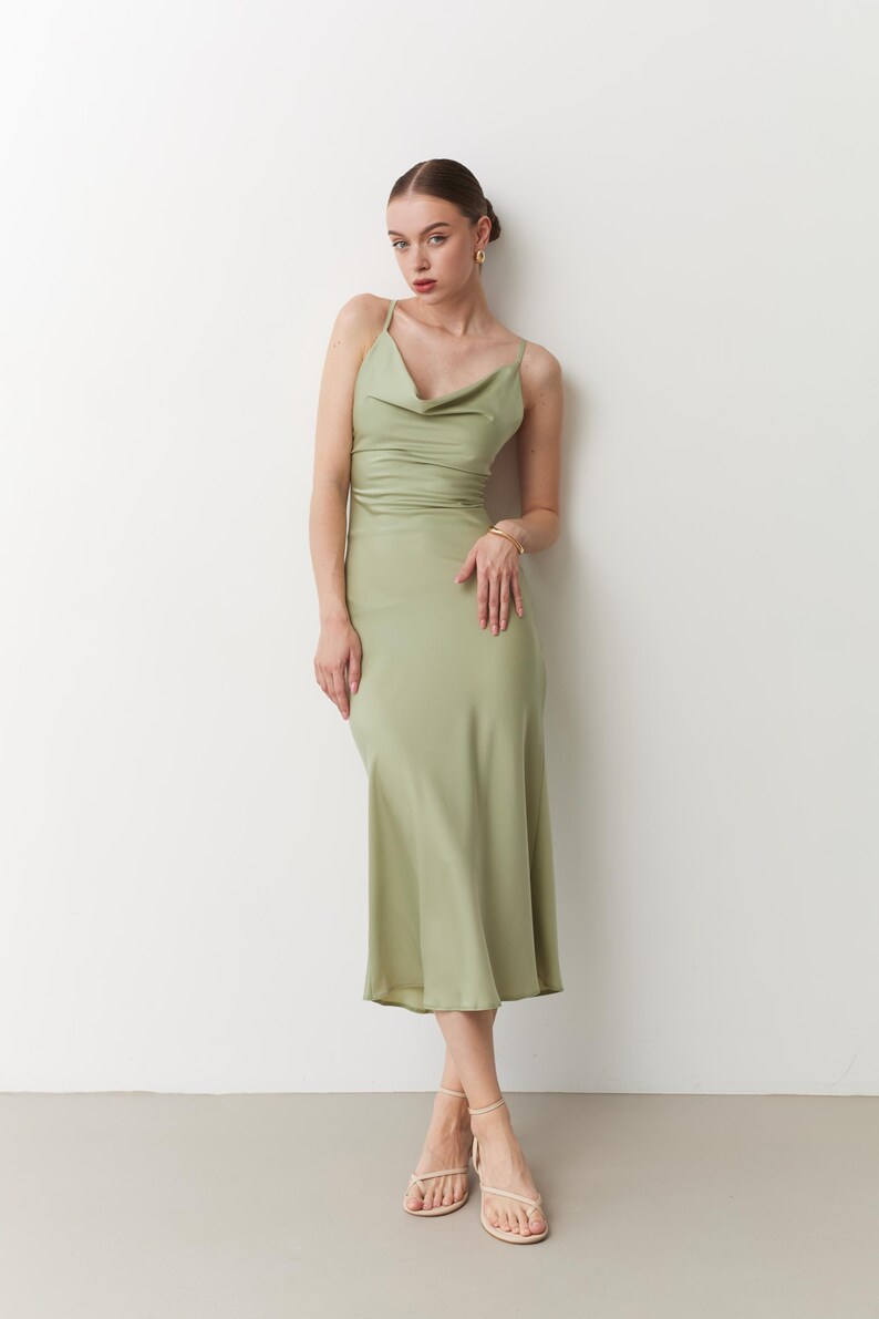 Powder satin slip dress Cowl neck gown Rose pink midi dress open back Bridesmaid slip dress Satin dresses Party wear Silky dress Chloe dress Sage green
