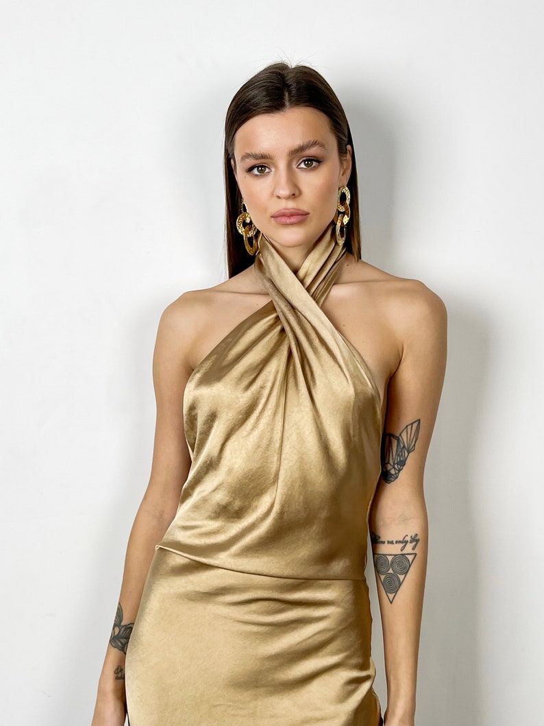 Gold dress Satin bridesmaid midi dress Halter neck dress Silk bias slip dress Prom dress Halter satin dress Graduation dress Bella dress Gold