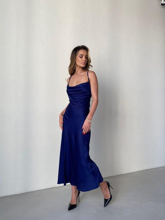 Navy Blue Silk Slip Dress Dress With Cowl Neck Satin Dress Silk Dress Royal Blue  Dress Dark Blue Slip Bridesmaid Blue Dress Chloe Dress - Etsy Israel