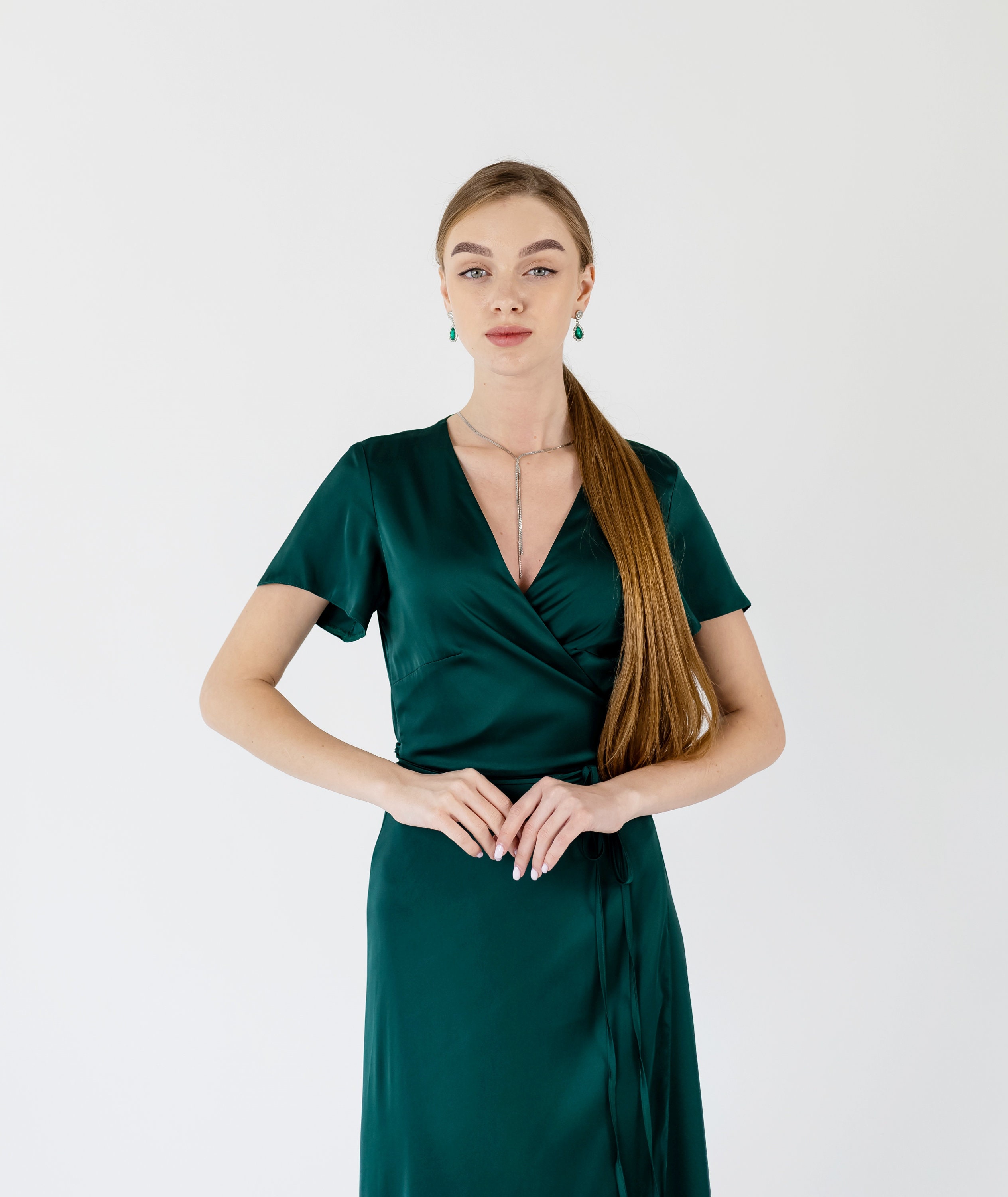 Emerald Green Silk Dress Short Emerald Silk Dress With Short Sleeve  Bridesmaid Wrap Dress Dark Emerald