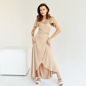 Graduation dress Bridesmaid dress plus size Wrap dress Maxi modest dress Prom dress Bridesmaid dress wrap Short sleeve champagne satin dress image 5