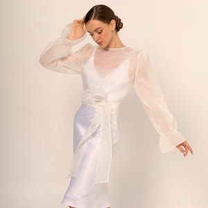 Bridal bolero Classic Organza Jacket Transparent Jacket Wrap organza blazer long bishop sleeve See through white blouse image 2