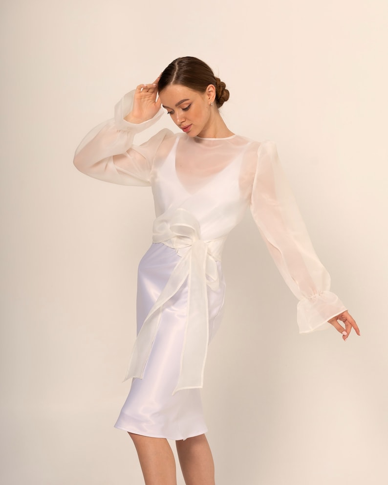 Bridal bolero Classic Organza Jacket Transparent Jacket Wrap organza blazer long bishop sleeve See through white blouse image 2