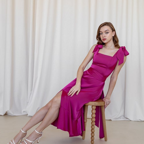 fuschia pink bridesmaid dress Zapakasa Women Fuchsia Chiffon Long Bridesmaid Dress with Slit A Line  Straps Wedding Guest Dress with Sash