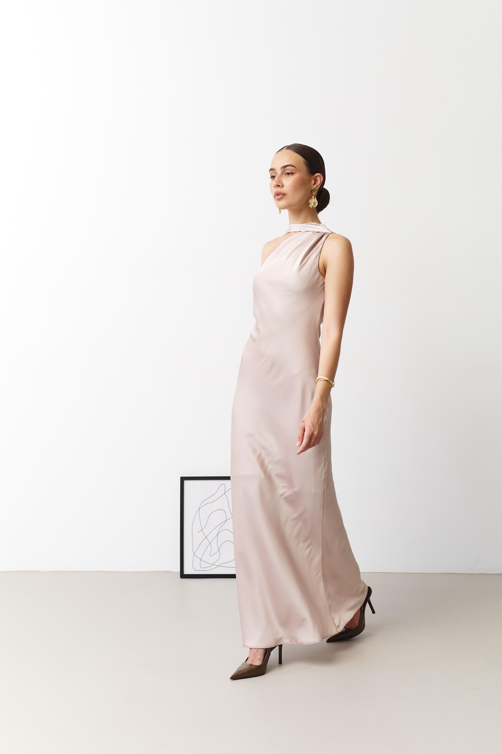 Neutral bridesmaid dress Champagne coctail gown Party dress One shoulder dress Satin dresses with scarf Semi formal gown woman Grace dress