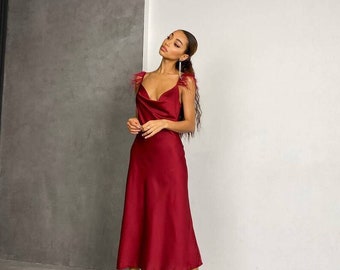 Burgundy Silk Slip Dress With Feathers Satin Sexy Dress With Ostrich  Feathers Dark Red Special Occasions Midi Dress Kelly Feathers Dress - Etsy