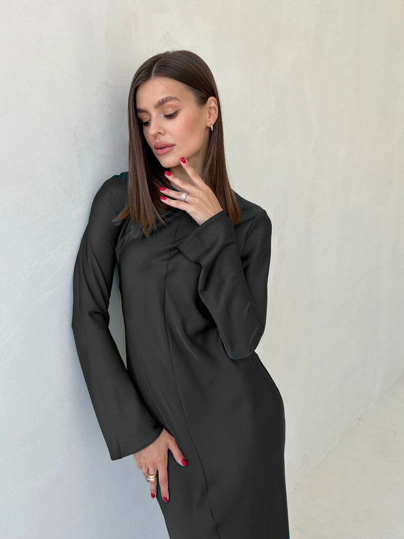 Black dress formal Black dresses for women Satin dress with sleeves Satin dress long sleeve Black simple dress Casual satin dress Katie dres image 2