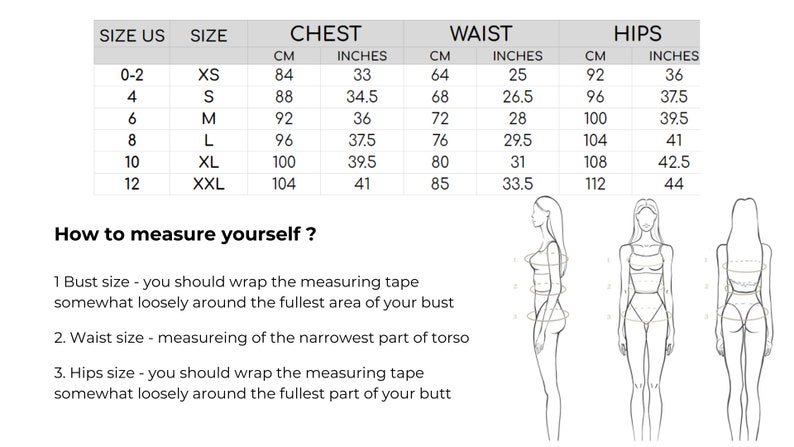 May include: Size chart for clothing with measurements in inches and centimetres. The chart shows sizes from XS to XXL and includes bust, waist, and hip measurements.  The chart also includes illustrations of how to measure bust, waist, and hips.