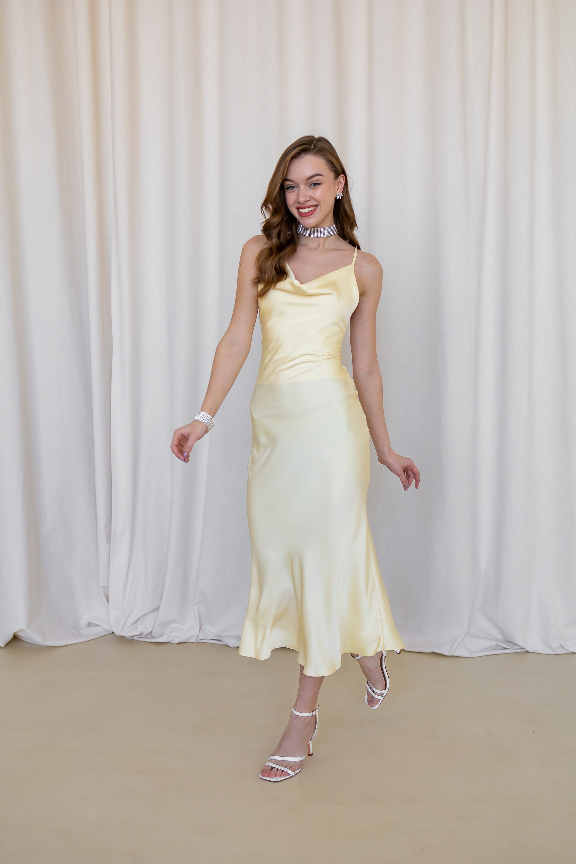 Yellow Satin Slip Midi Dress Lace Back Light Yellow off Shoulder Elegant  Pale Yellow Dress Evening Mismatched Bridesmaid Dress Chloe Dress - Etsy