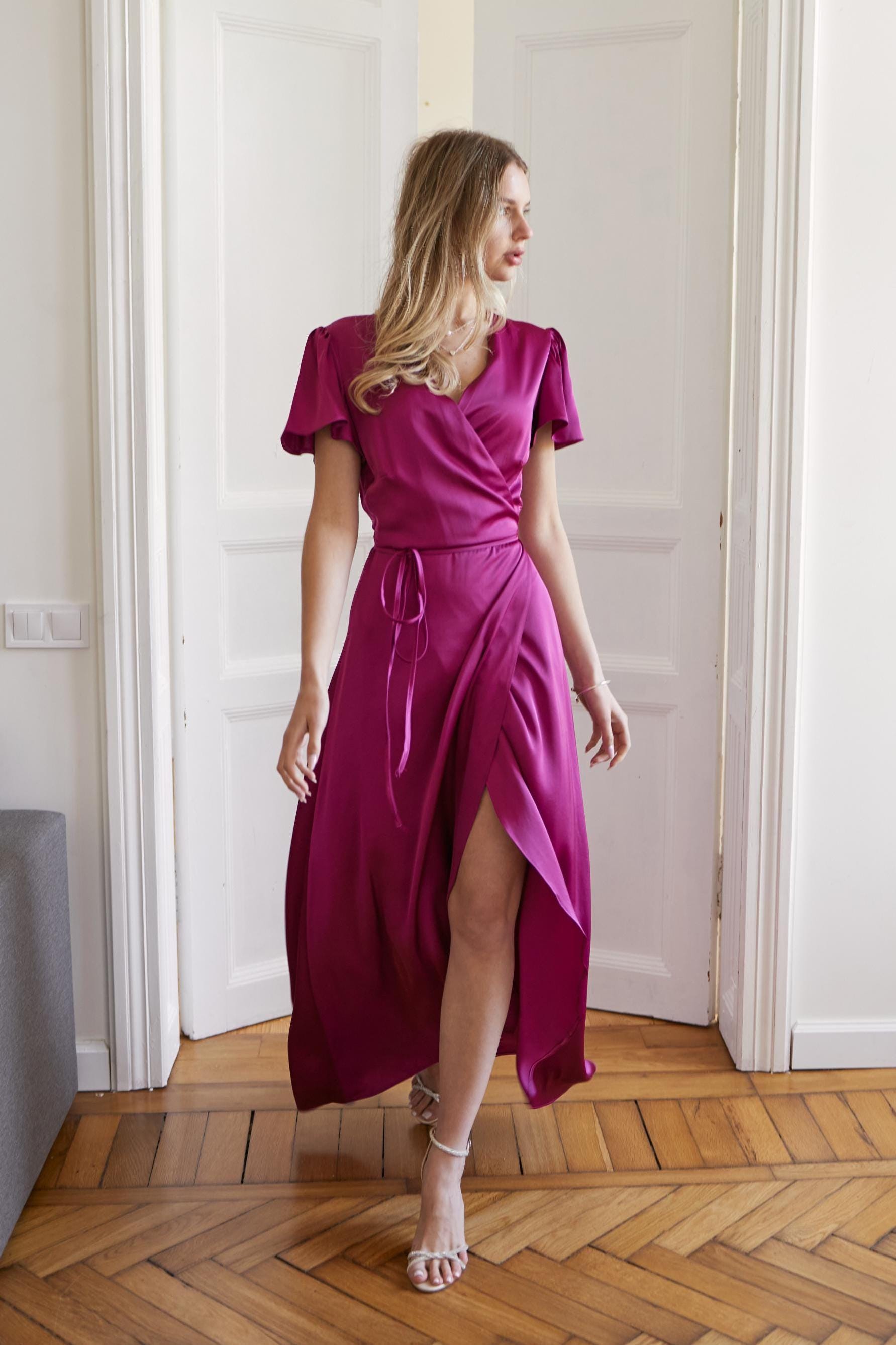 fuchsia bridesmaid dresses amazon Custom-made Fuchsia Off-Shoulder satin mauve bridesmaid dresses - 2023 Collection | Floor-Length Chiffon A-Line