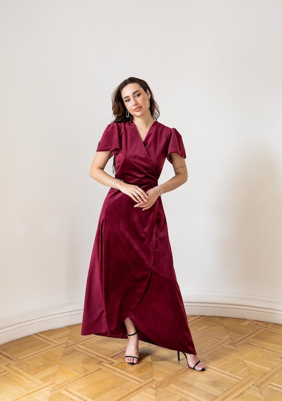Burgundy velvet dress Bridesmaid velvet dress Dark red dress Modest formal dress Wrap velvet dress Evening maxi dress Miranda dress