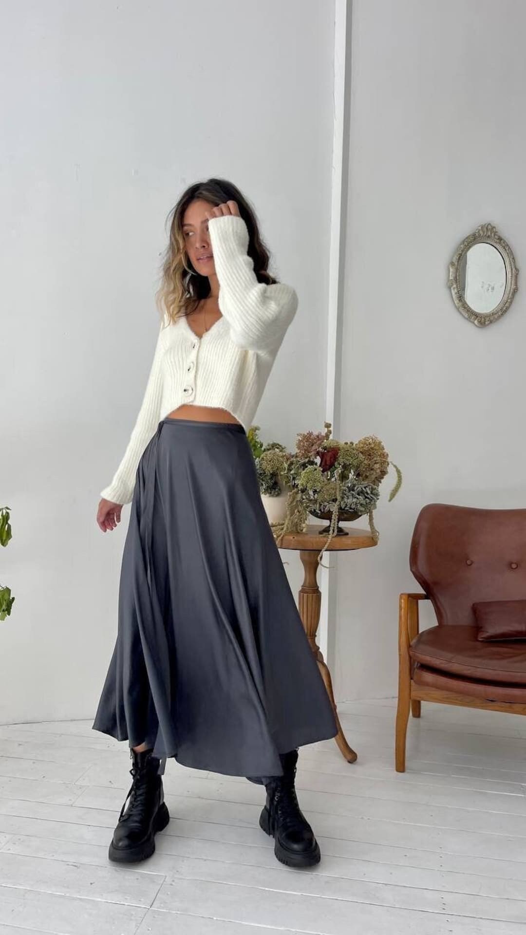 Women's Gray Satin Skirt Satin Skirt Long Dark Wide Flared Satin