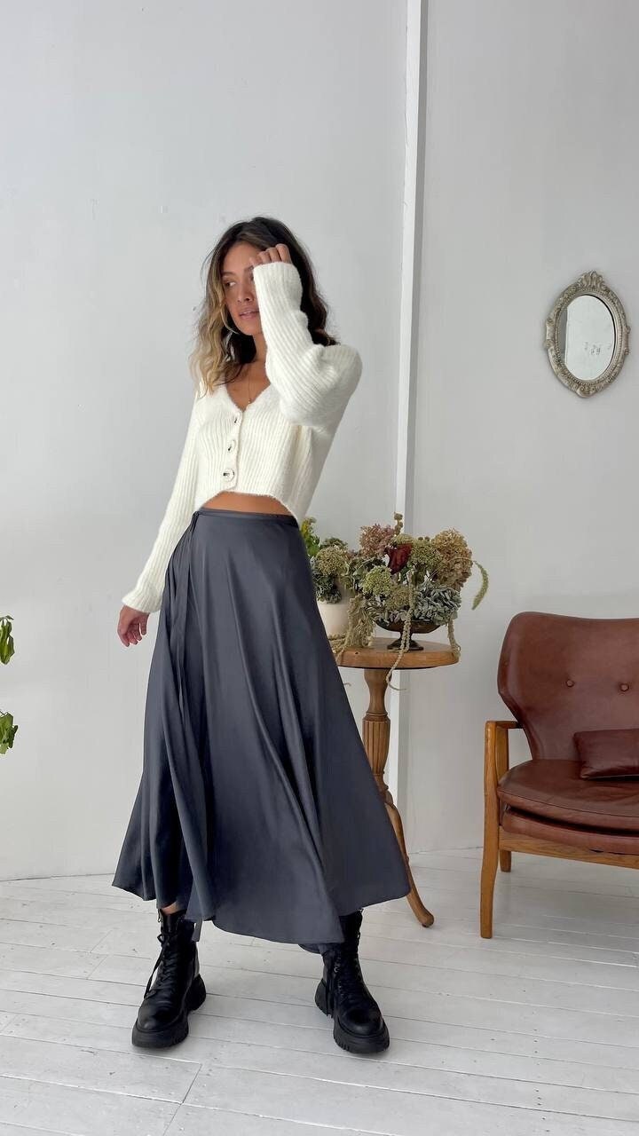 Women's Gray Satin Skirt Satin Skirt Long Dark Wide Flared Satin