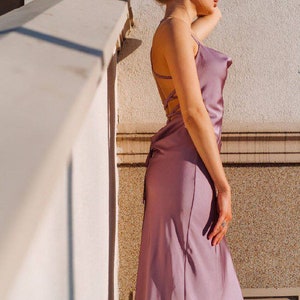 Purple dress Slip dress cowl neck Satin midi dress with bare shoulders and open back Purple silk dress Satin purple prom dress Chloe dress image 4