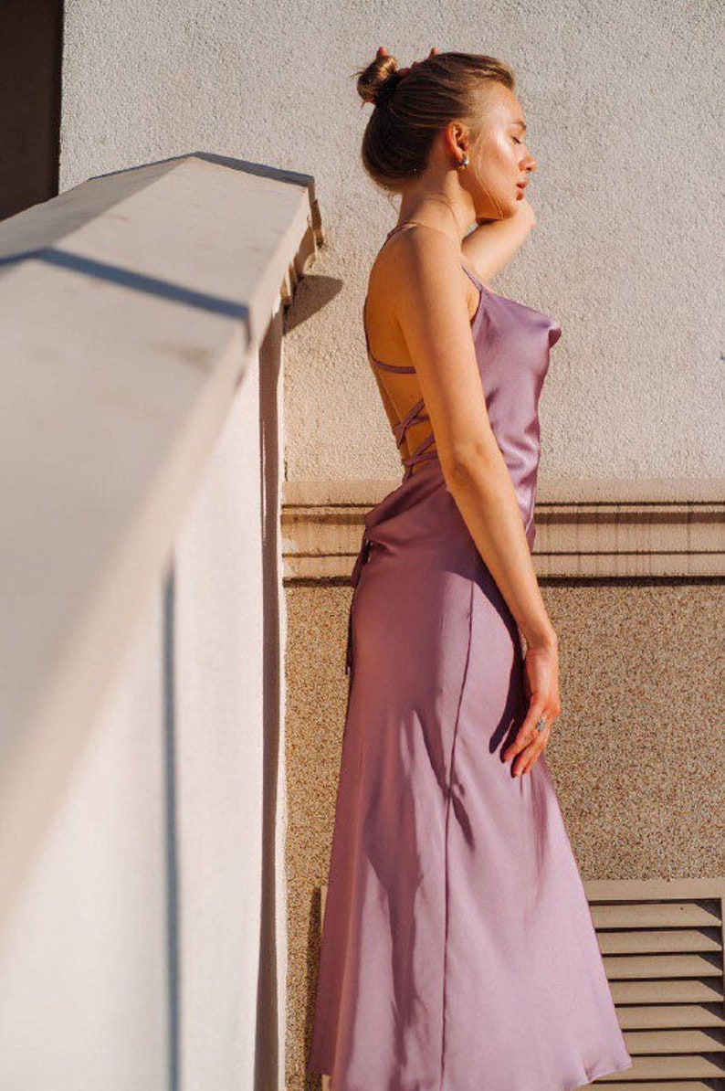 Purple silk slip dress cowl neck Silk midi dress with bare image 4