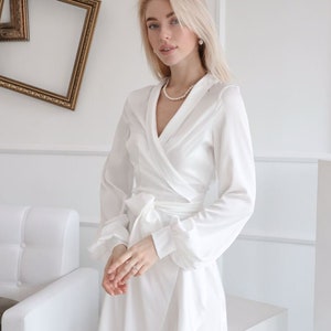 Janne dress White silk wrap dress for elopement Midi white dress long sleeve civil wedding Silk flared skirt romantic dress rehearsal dinner image 3