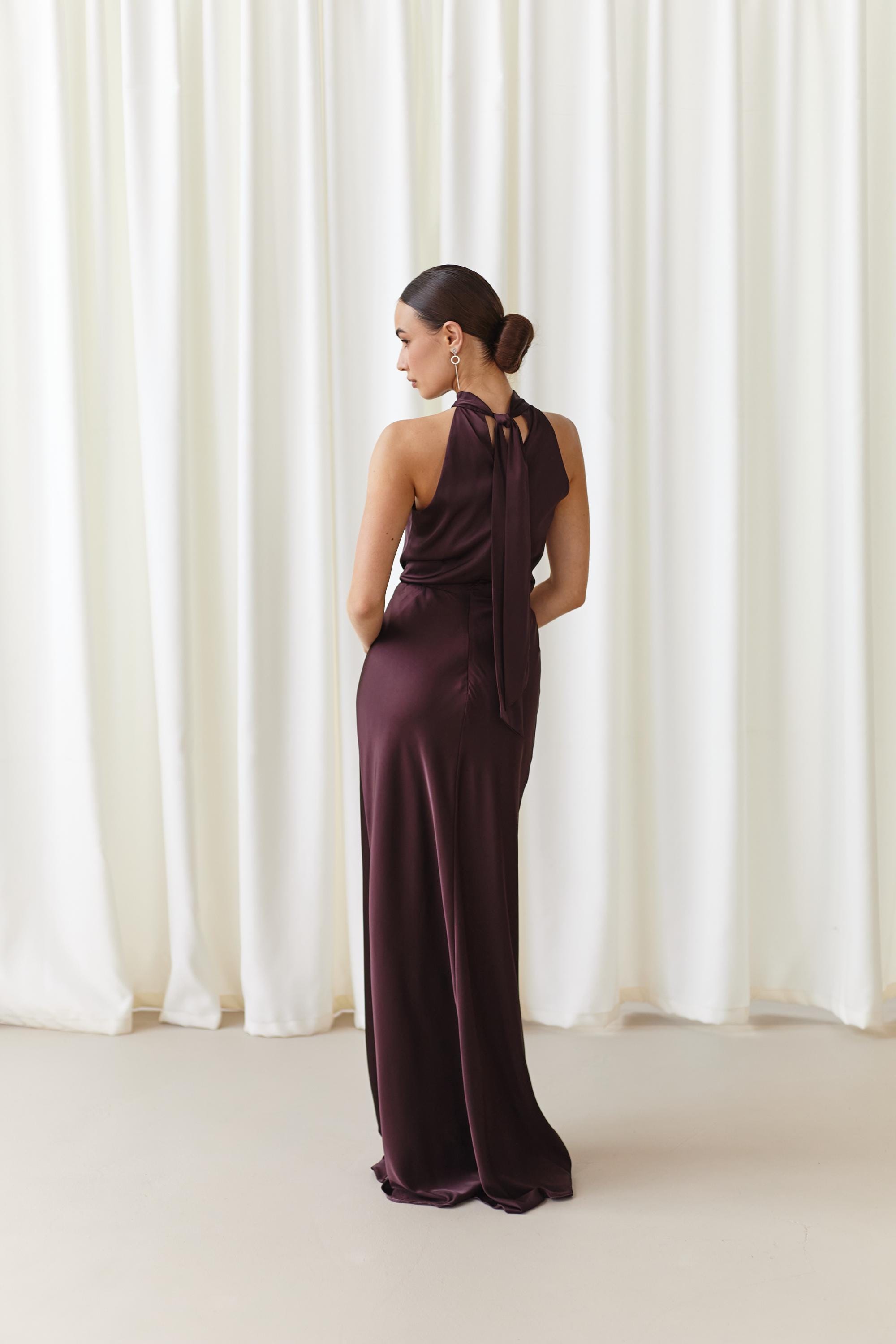 Halter chocolate brown maxi dress for wedding guest Hannah dress