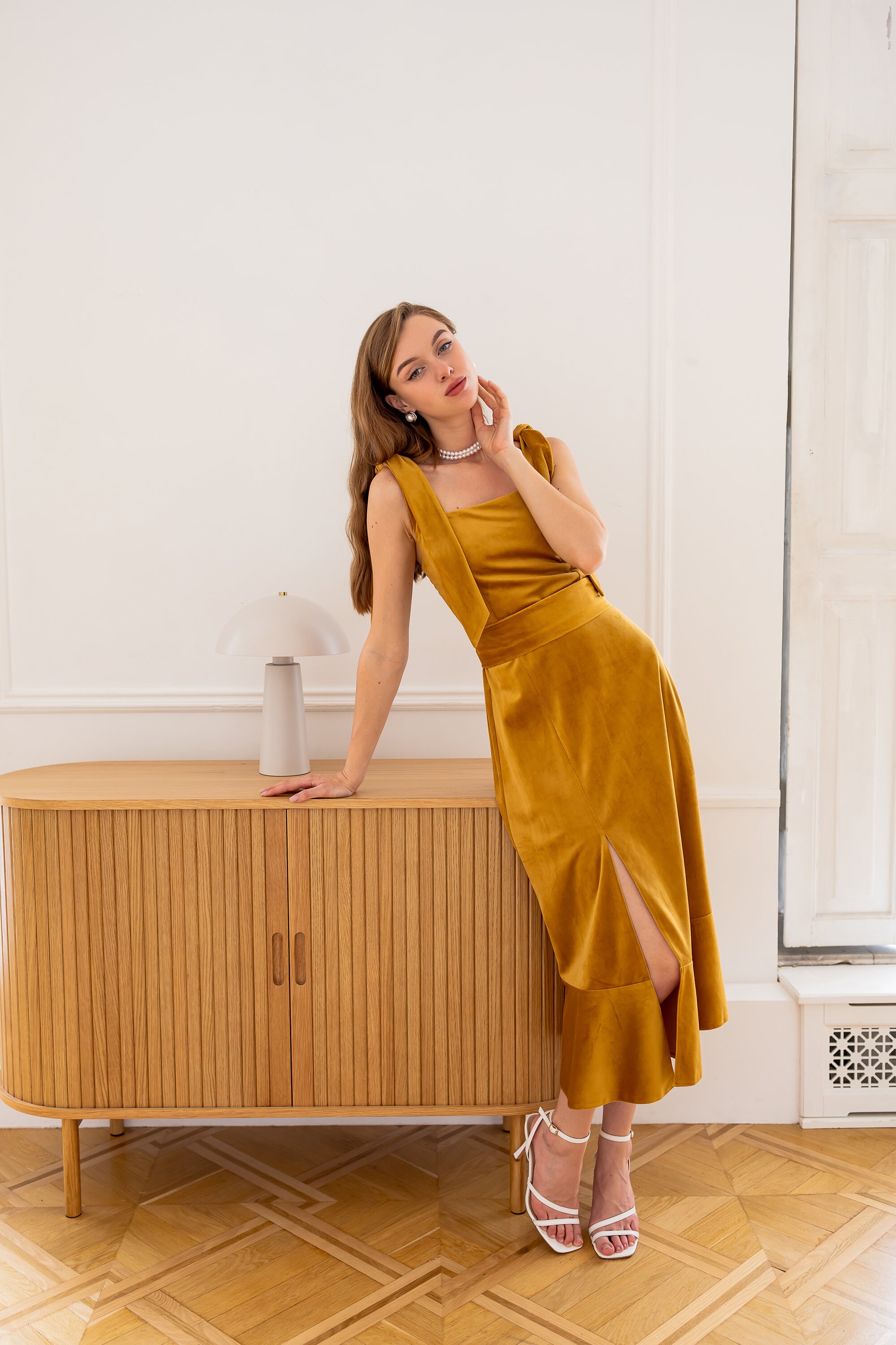 mustard velvet bridesmaid dress Velvet Bridesmaid Dress Mustard Dress Marigold Velvet Dress Smocked Dress  Autumn Bridesmaid Occasion Midi Dress Autumn Wedding Guest Dress