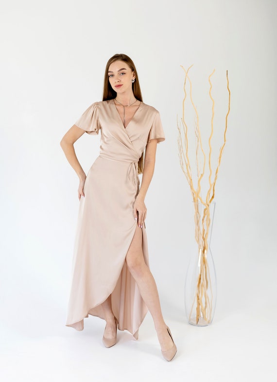 nude satin wrap dress Bebe Satin Cowl Neck Wrap Dress Rose Gold XS