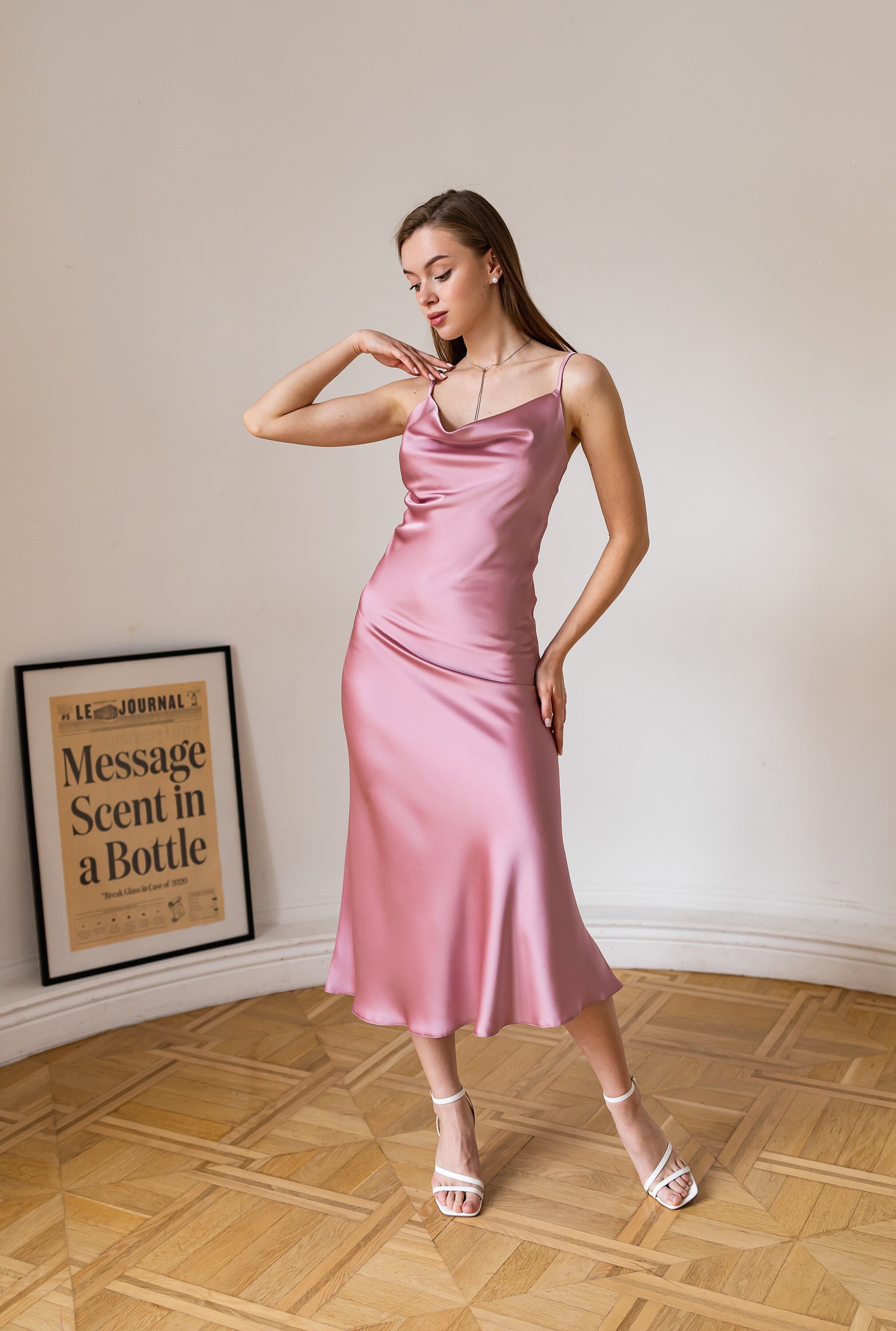 strapless open back dress Baby Pink Satin Dress – Lakhina Couture main image 1