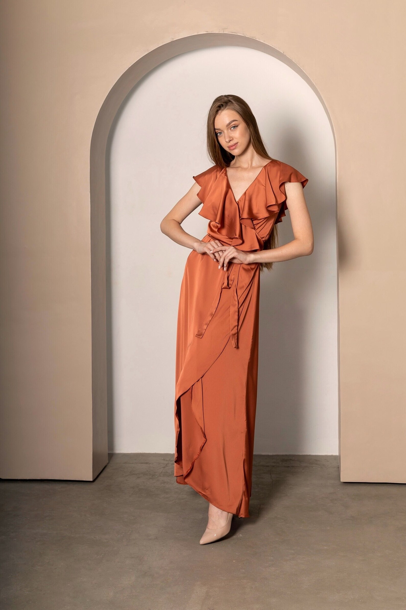 Rust Copper Silk Dress Maxi Lenght for Bridesmaid Rust Orange Etsy