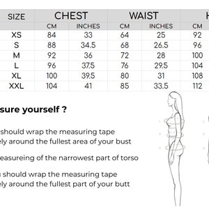 May include: Size chart for clothing with measurements in inches and centimeters. The chart shows sizes from XS to XXL and includes bust, waist, and hip measurements.  The chart also includes illustrations of how to measure bust, waist, and hips.