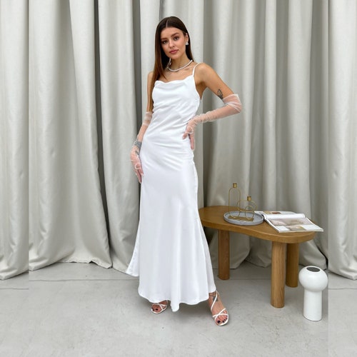 green emerald velvet dress White High Neck Satin Midi Engagement Dress with Keyhole main image 0