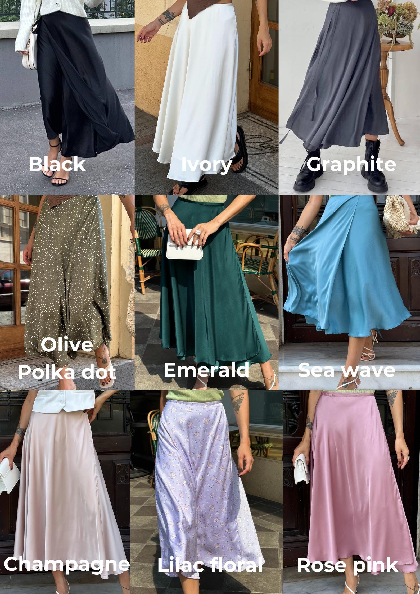 Women's Black Satin Skirt Satin Skirt Long Wide Flare Silk