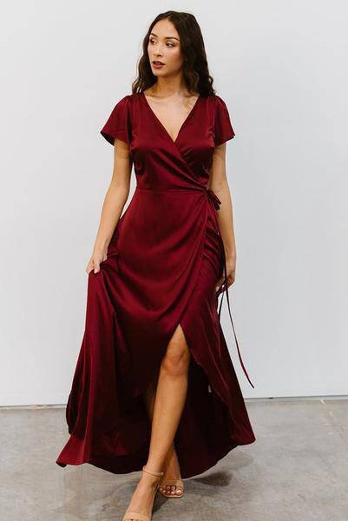 Burgundy silk dress MIRANDA with short sleeve Bridesmaid wrap image 1