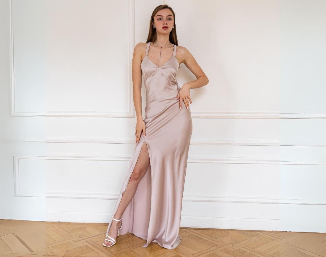 Formal dress with slit Champagne bridesmaid dress Open back dress Wedding guest dress Ball gown neutral Maxi evening dress Maddie dress