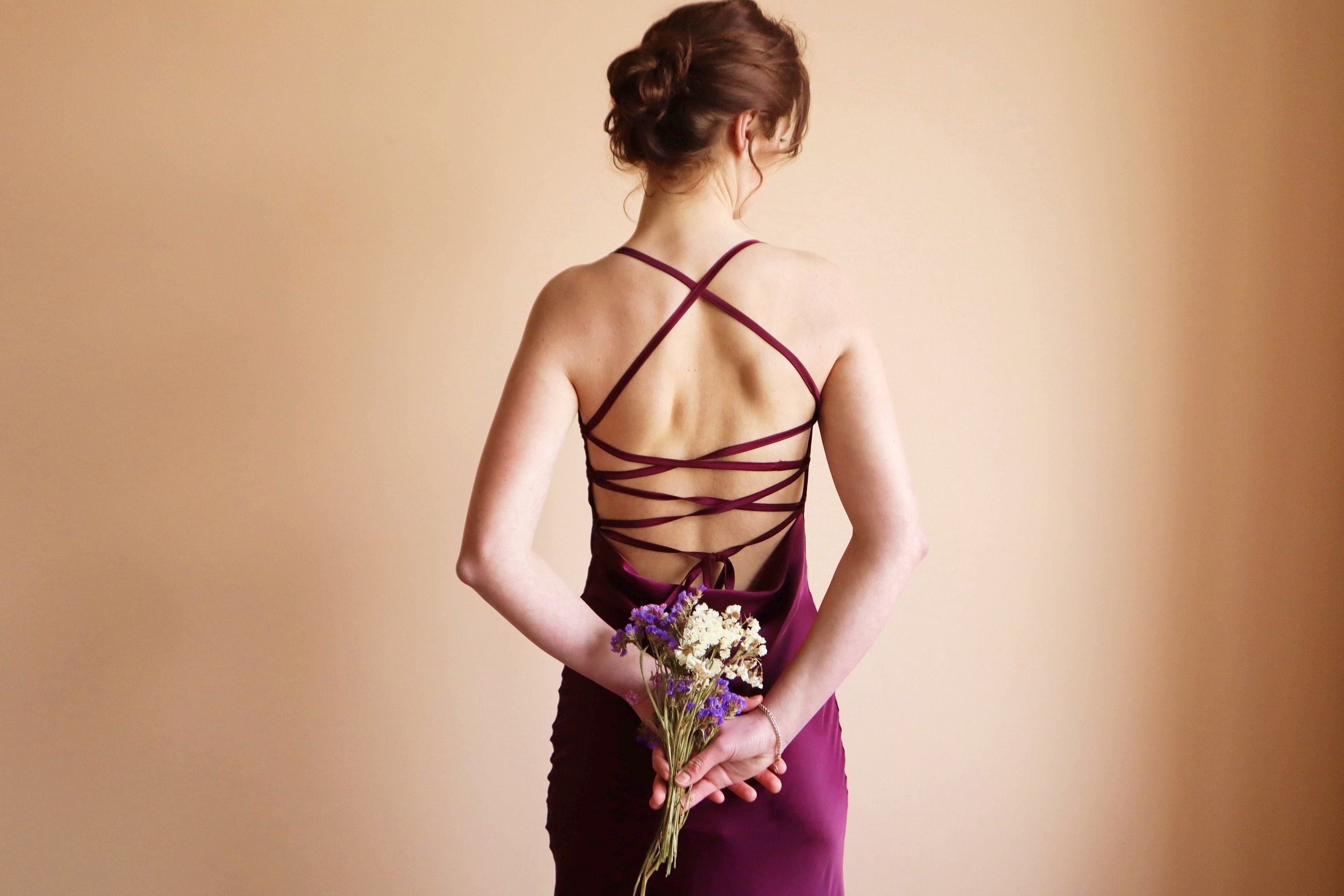 gold backless bridesmaid dresses Dark Burgundy Satin Bridesmaid Dresses Strapless Split – Lisposa main image 0