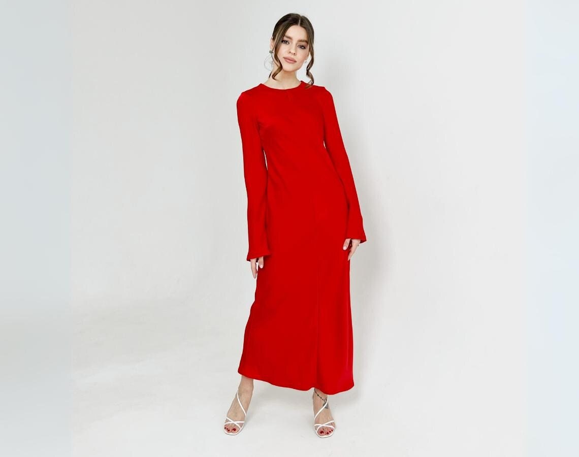 Vestido rojo Vestido formal con mangas Vestidos de satén Vestido de fiesta rojo Vestido elegante Vestidos de satén Vestido de invitada de boda Vestido