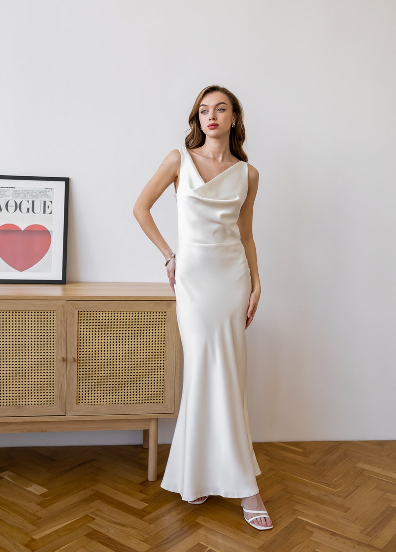 Satin bridal gown Rehearsal dinner dress Reception dress Simple slip wedding dress Ivory modest satin dress Graduation dress Paula dress image 7