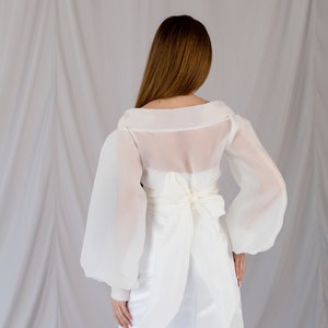 Bridal dress topper Dress overlay Classic Organza Sheer Jacket Wrap organza blazer bishop sleeve Sheer white blouse Bride cover up image 5