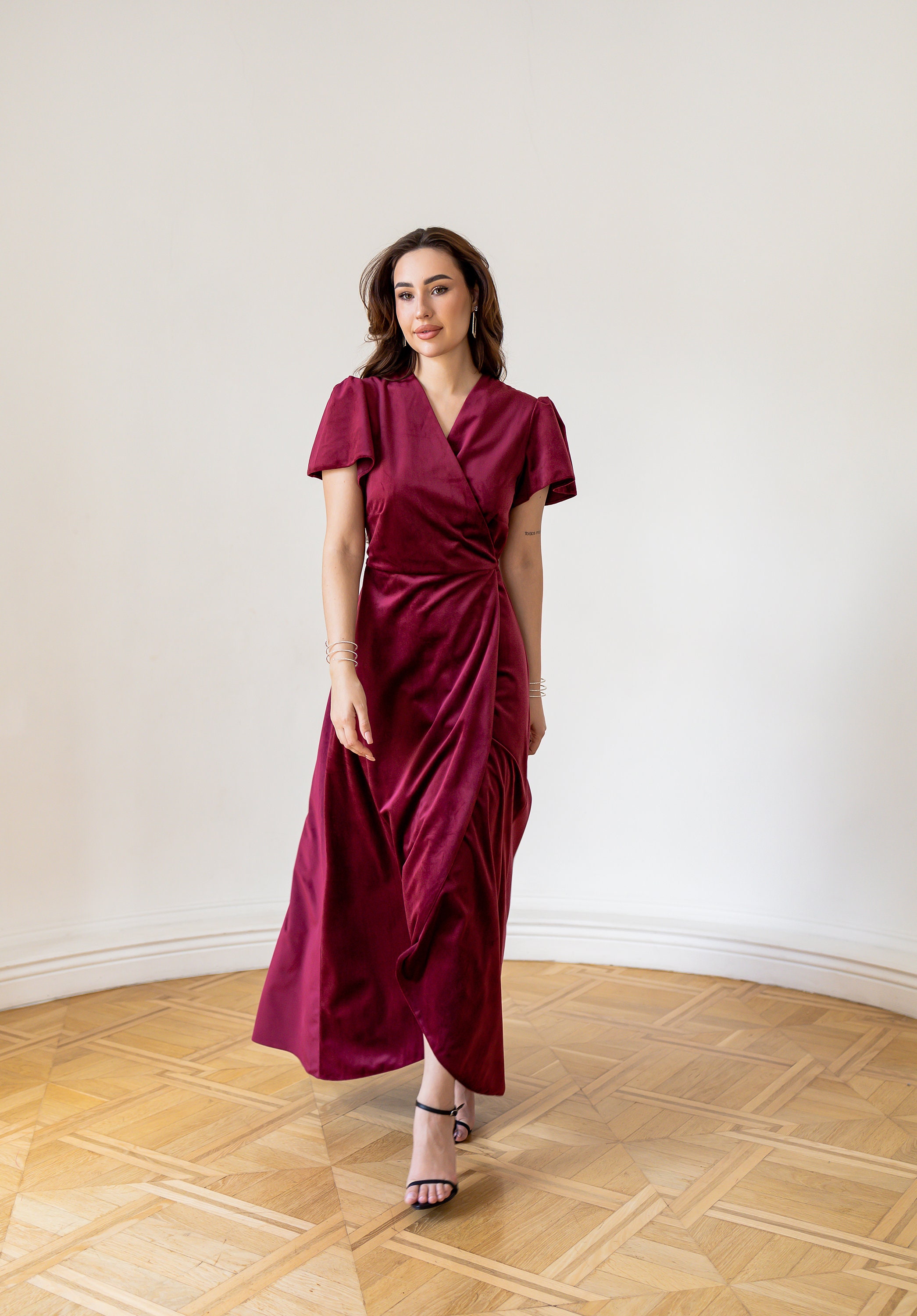 velvet rust bridesmaid dresses Velvet V-Neck Stretch Waist Side Slit Long Photo Shoot Dress YD21827 14 / R88 main image 0