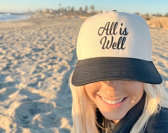 All Is Well Blk/Ntrl Embroidered Trucker Hat | Weekend Hat | Fall Trucker Hat | Fall Colored Hat| Trendy Trucker Hat | Concert Trucker Hat