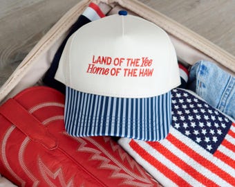 Land Of The Yee Home Of The Haw Striped Embroidered Hat | Trendy Trucker Hats | 4th Of July  Trucker Hats | Memorial Day | Bow Hats | USA