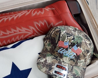 USA Camo Hat | Embroidered Hat | Summer Trucker Hat | Country Festival Outfit | Country Hat | 4th Of July | Memorial Day Hat | USA  Flag Hat
