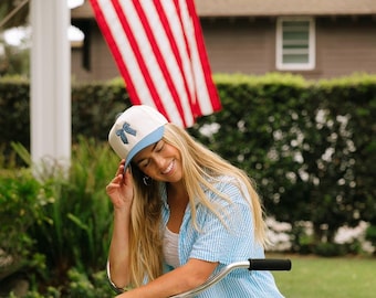 USA Stripe Navy/Light Blue Bow Embroidered Hat | Trendy Trucker Hats | 4th Of July  Trucker Hats | Memorial Day | Bow Hats | USA Bow | Boat