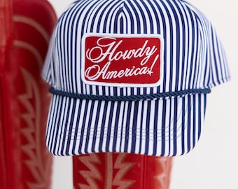 Howdy America Blue Striped Patch Hat| Embroidered Hat | Summer Trucker Hat | Blue Striped Bill Hat | 4th Of July Hat | Memorial Day Hat |