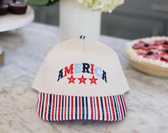 America 250 Red White & Blue Striped Embroidered Hat | Summer Trucker Hat | Blue Striped Bill Hat | 4th Of July Hat | Memorial Day Hat |